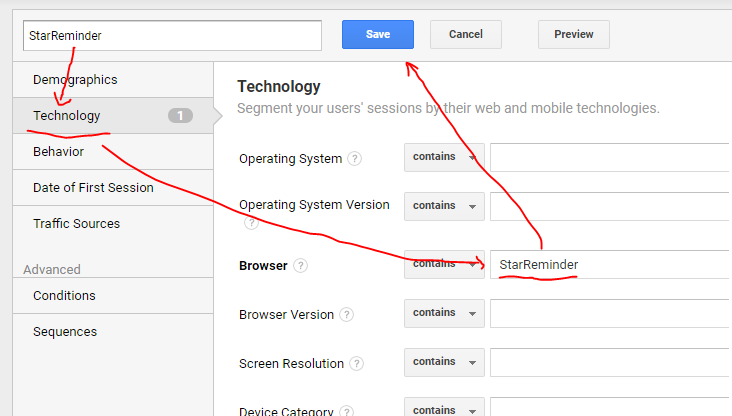 Set the filtering parameters of the google analytics segment for your desktop software