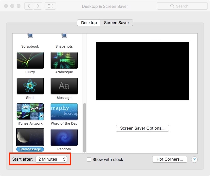 Mac OSX screensavers - time out to automatically start the screen saver